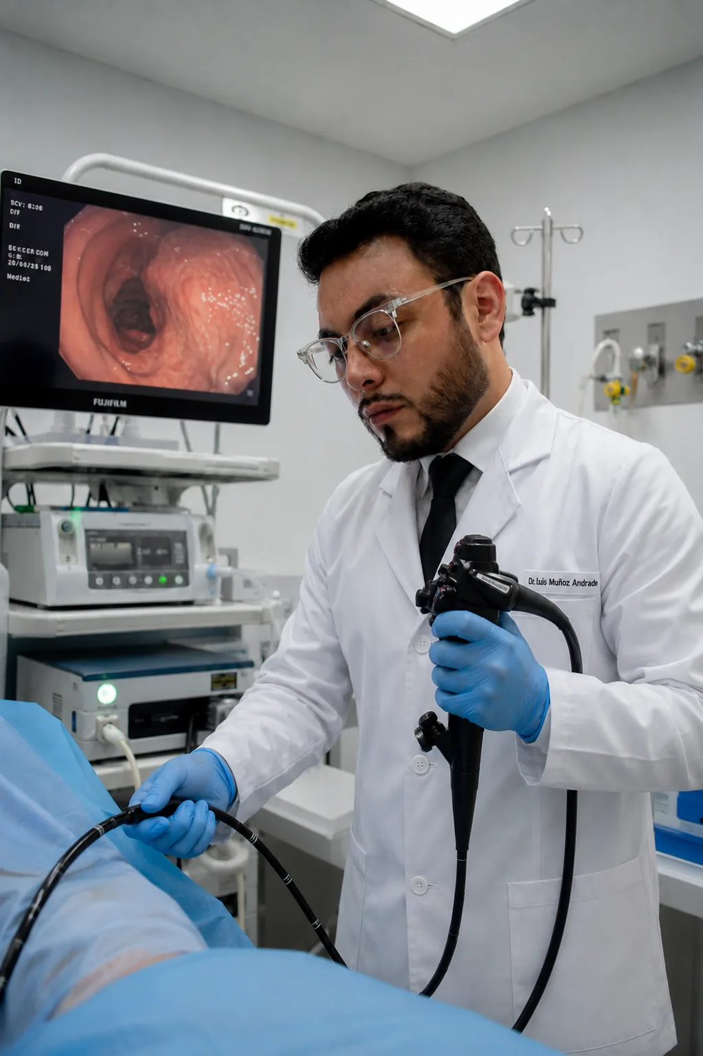 Dr. Adrián Muñoz Andrade realizando una colonoscopia en quirófano endoscópico